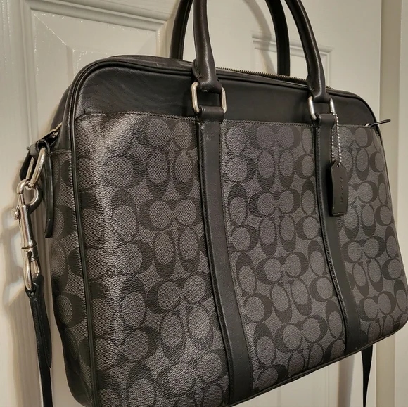 Coach Men's Perry Slim Brief Signature Canvas Zip Top Leather Bag Charcoal - Picture 2 of 5